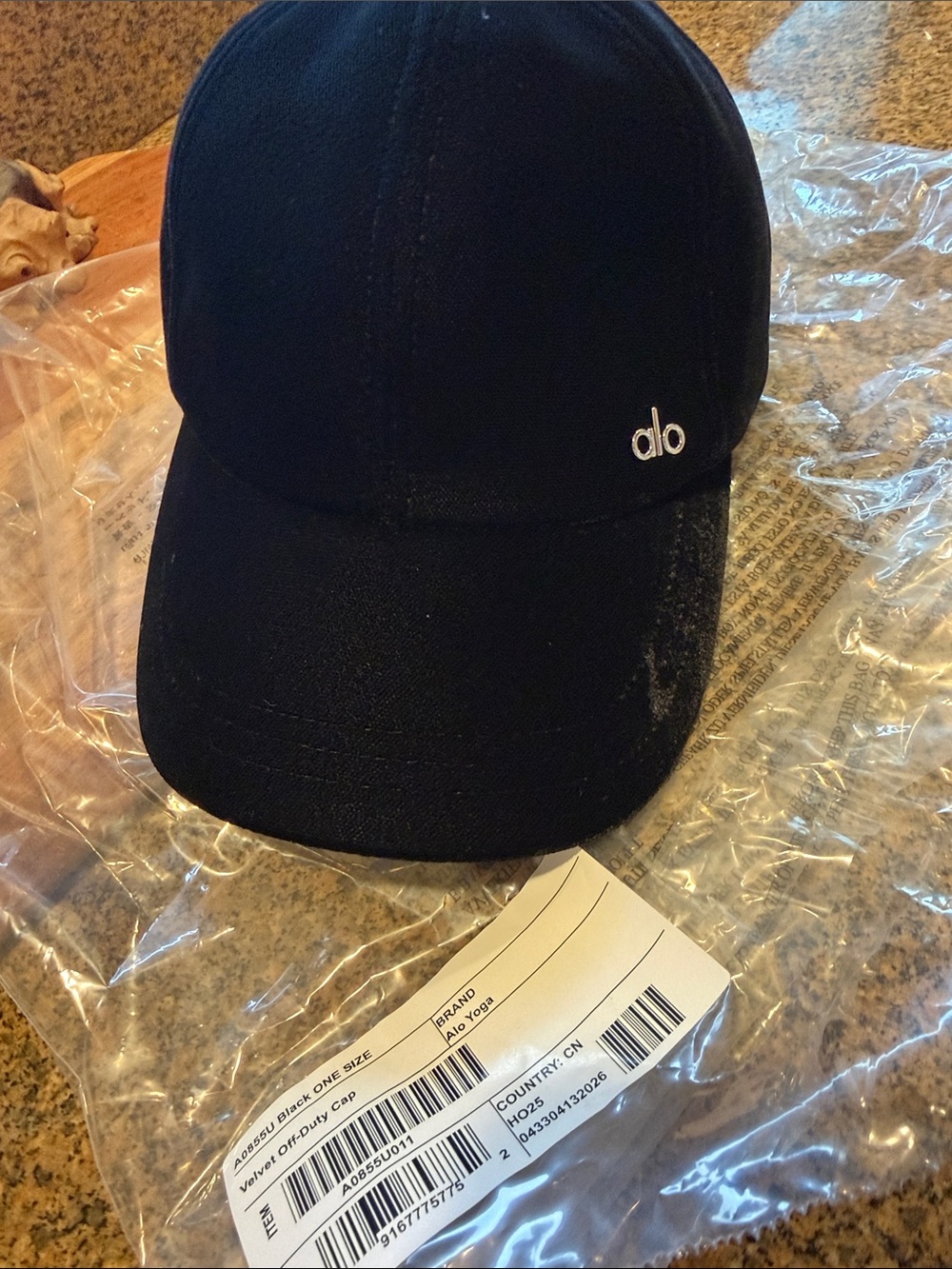 ALO Yoga velvet  Black Baseball Hat with White 'alo' Logo